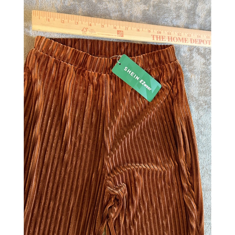 SHEIN Women's Burnt Orange Solid Rust Velvet Ribbed Flared Pants Size S